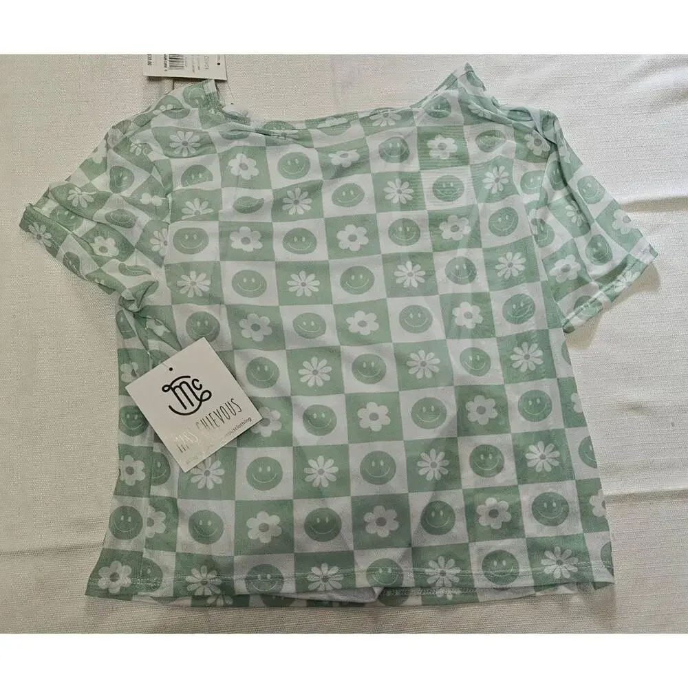MISS CHIEVOUS Sheer Blouse‎ w Undershirt Checkered Smiley Flowers Womens M New - Picture 11 of 12
